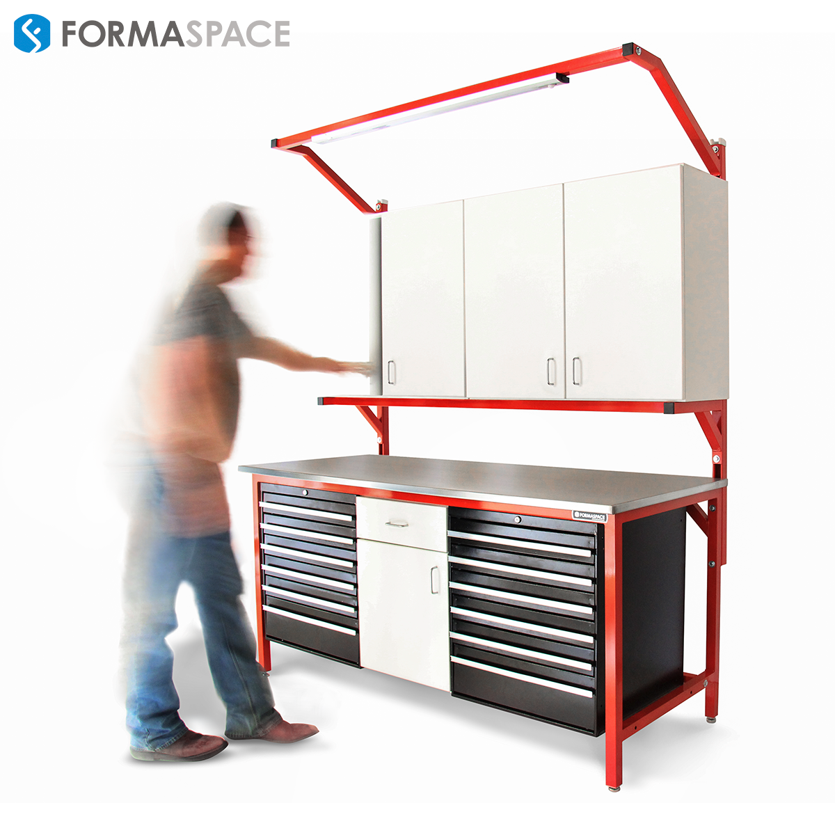 industrial stainless steel with toolboxes and upper cabinets
