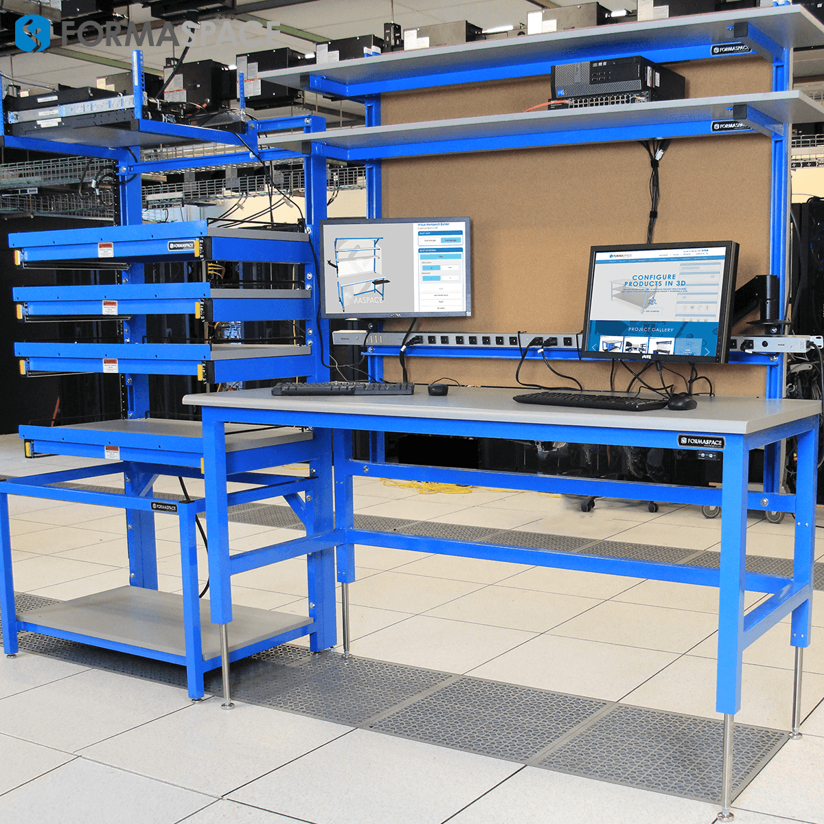 tech lab workstation with server racks