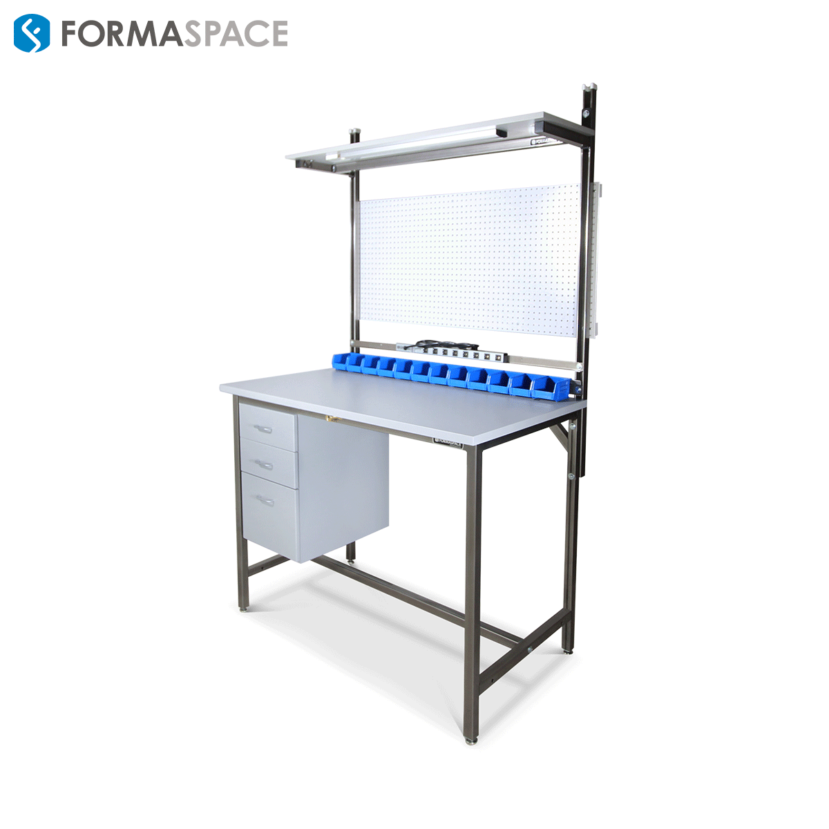 workbench with white pegboard