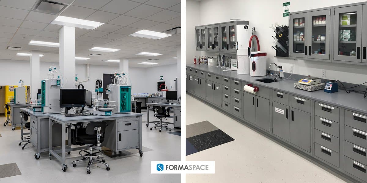 Examples of Formaspace titration lab installations, modular on left, casework on right