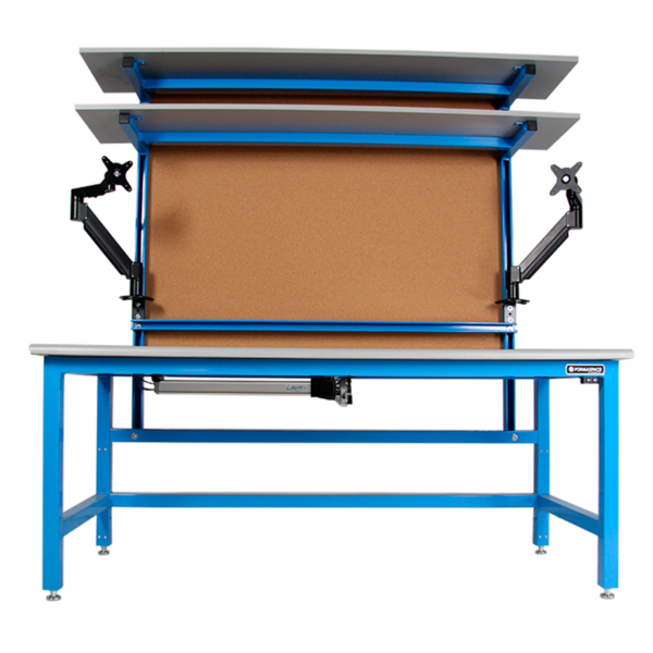 Formaspace 60”x30”x30” Height Adjustable Workstation in Blue Finish With Two Tier Upper Shelving, 7-Flex Monitor Mounts, Corkboard & Gray Laminate Top