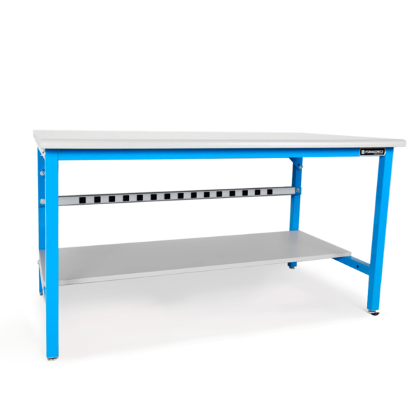 Formaspace Basix 54”x30”x30” Workstation in Blue Finish with 12 Integrated Outlets, Gray Laminate Top & Gray Laminate Lower Half Shelf