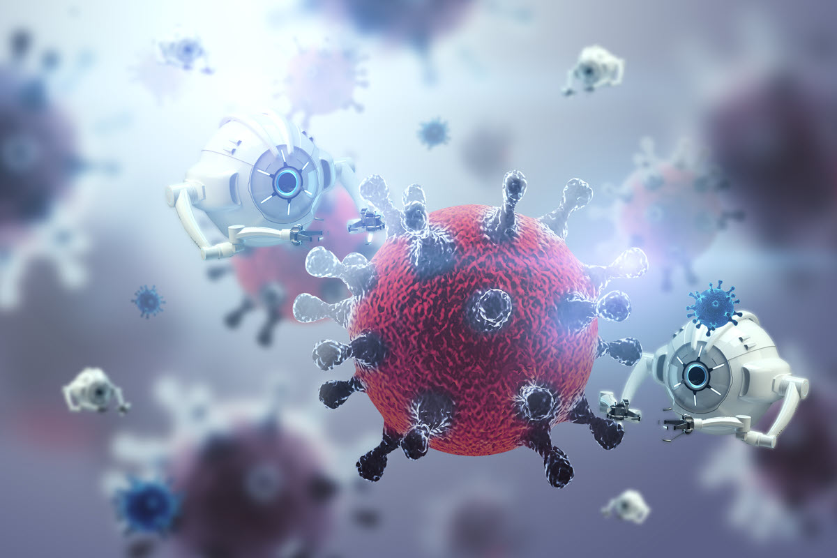 ingested nanorobots around a human cell used for curing medical conditions