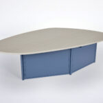 conference table with wood veneer top and sapphire blue frame