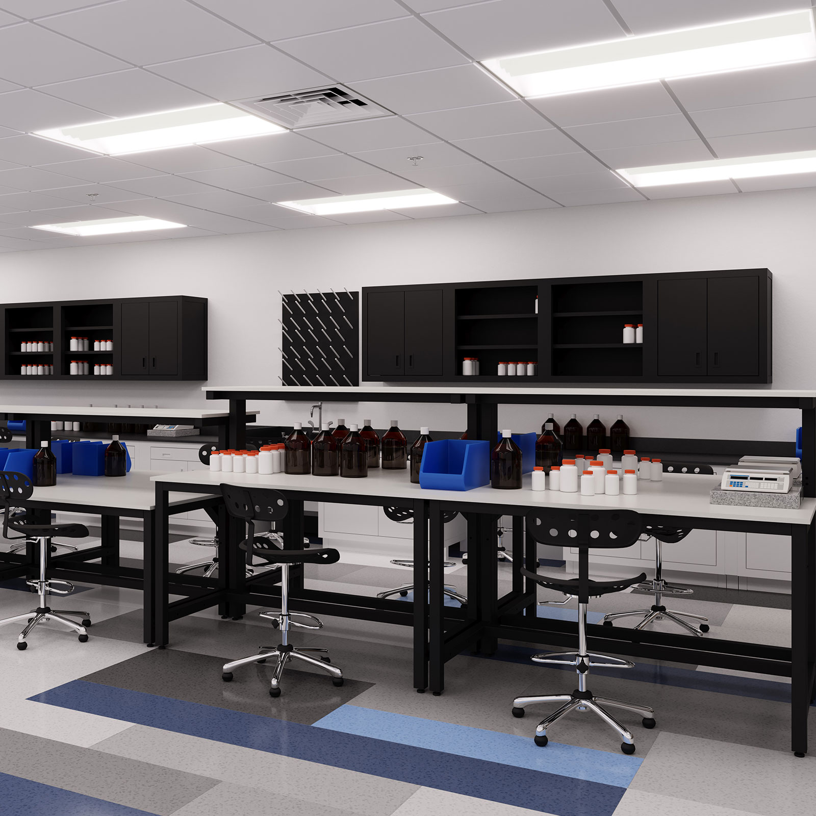 wet lab bench with phenolic countertop and reagent shelves