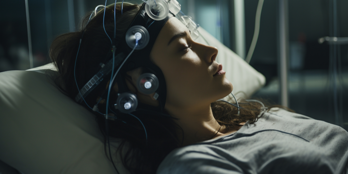 Woman Sleeping in a Sleep Laboratory with Wires Connected to Her Head