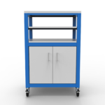 blue utility cart with white shelves on casters