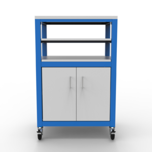 blue utility cart with white shelves on casters