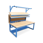 blue workbench with maple top