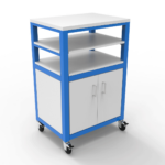 blue mobile utility cart with white shelves