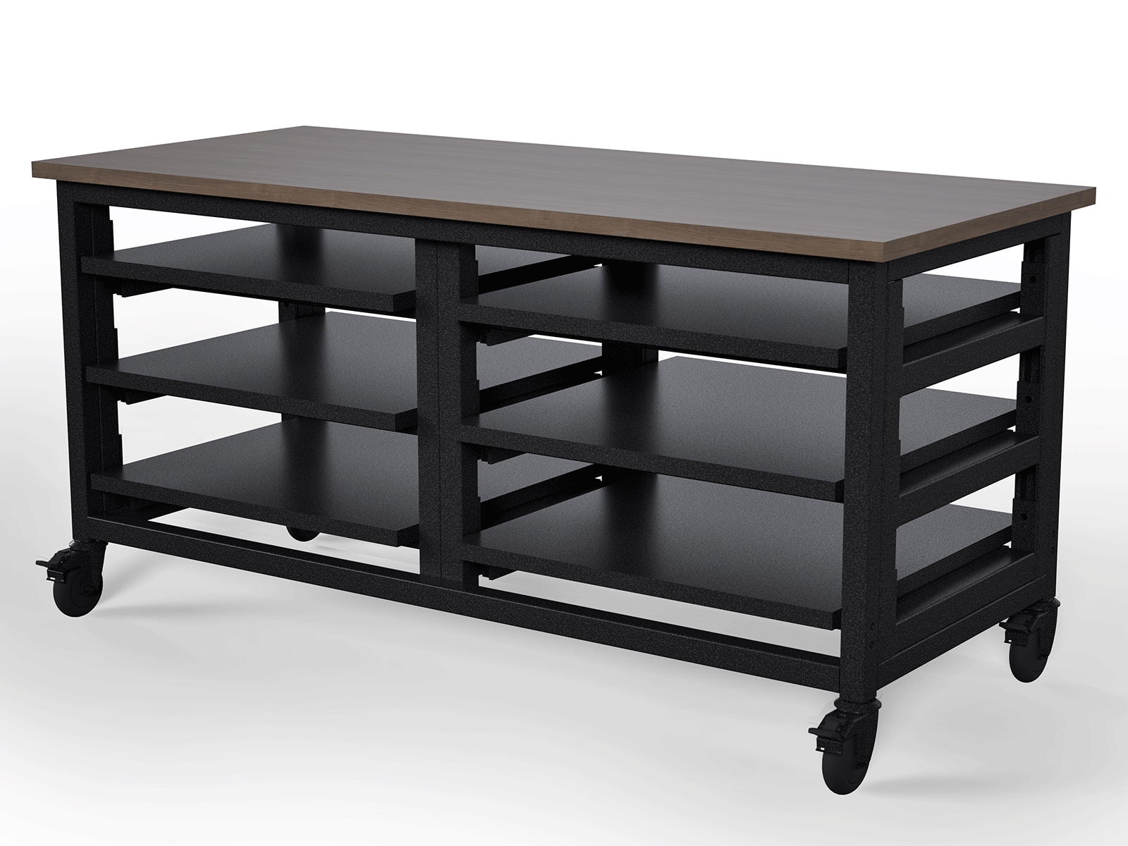 mobile walnut top workbench with textured black frame