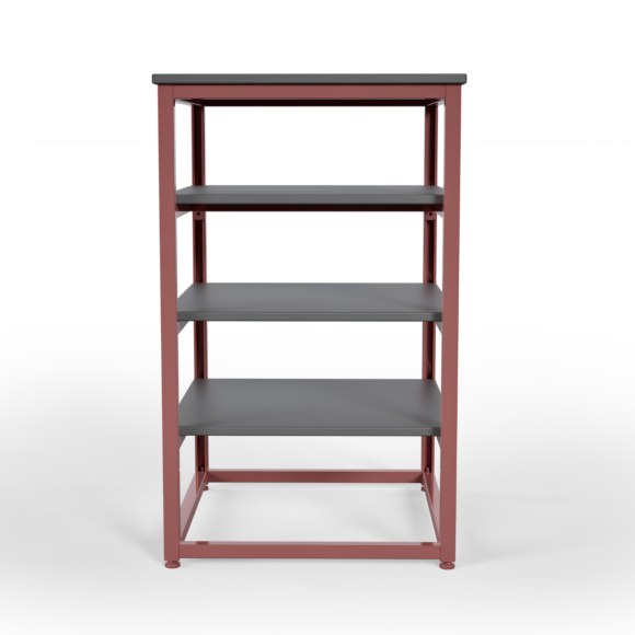 red industrial shelving unit