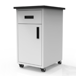 white mobile cabinet with black worksurface