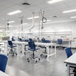 spacious laboratory with workbenches and countertops