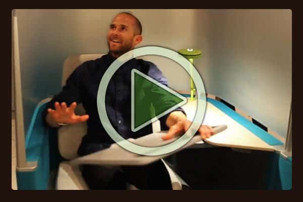 Interview with Sean Corcorran, General Manager, Steelcase Education on the new Brody seating system. It incorporates an economic lounge chair with built-in power and swivel tray table for a laptop or tablet. Targeted at the education and business markets, the Brody feels like a first-class long-haul airplane lounge seat system.