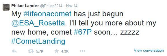 Gentle humor of @philae2014 Twitter account acknowledges the lander has run out of solar power.